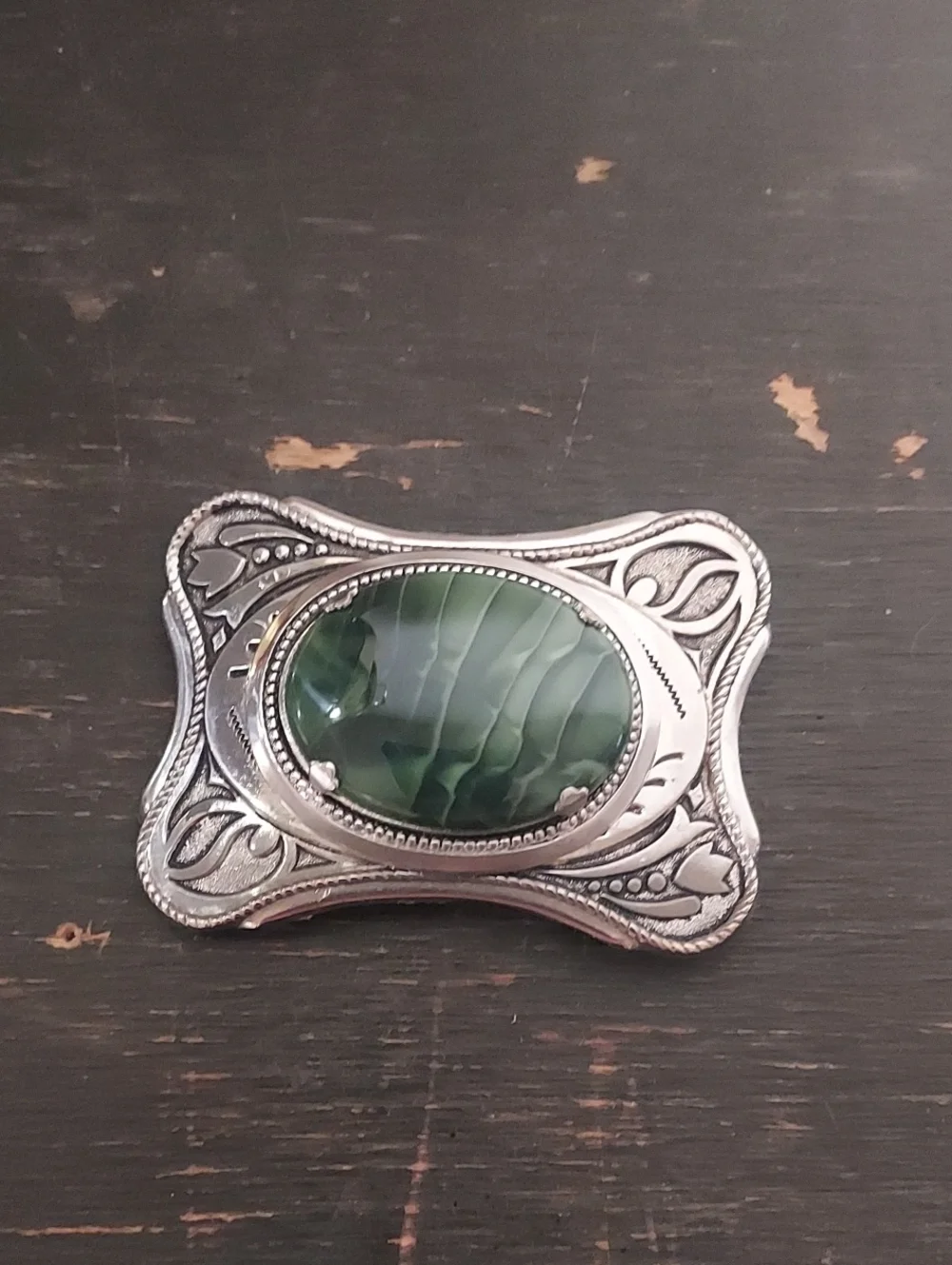 Vintage Boho Art Nouveau Scalloped Belt Buckle Green Striped Cabochon SilverTone